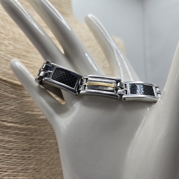 Men Stainless Steel Black Carbon 18K GP Three Tone Link Bracelet Signed Alpine - Picture 7 of 12